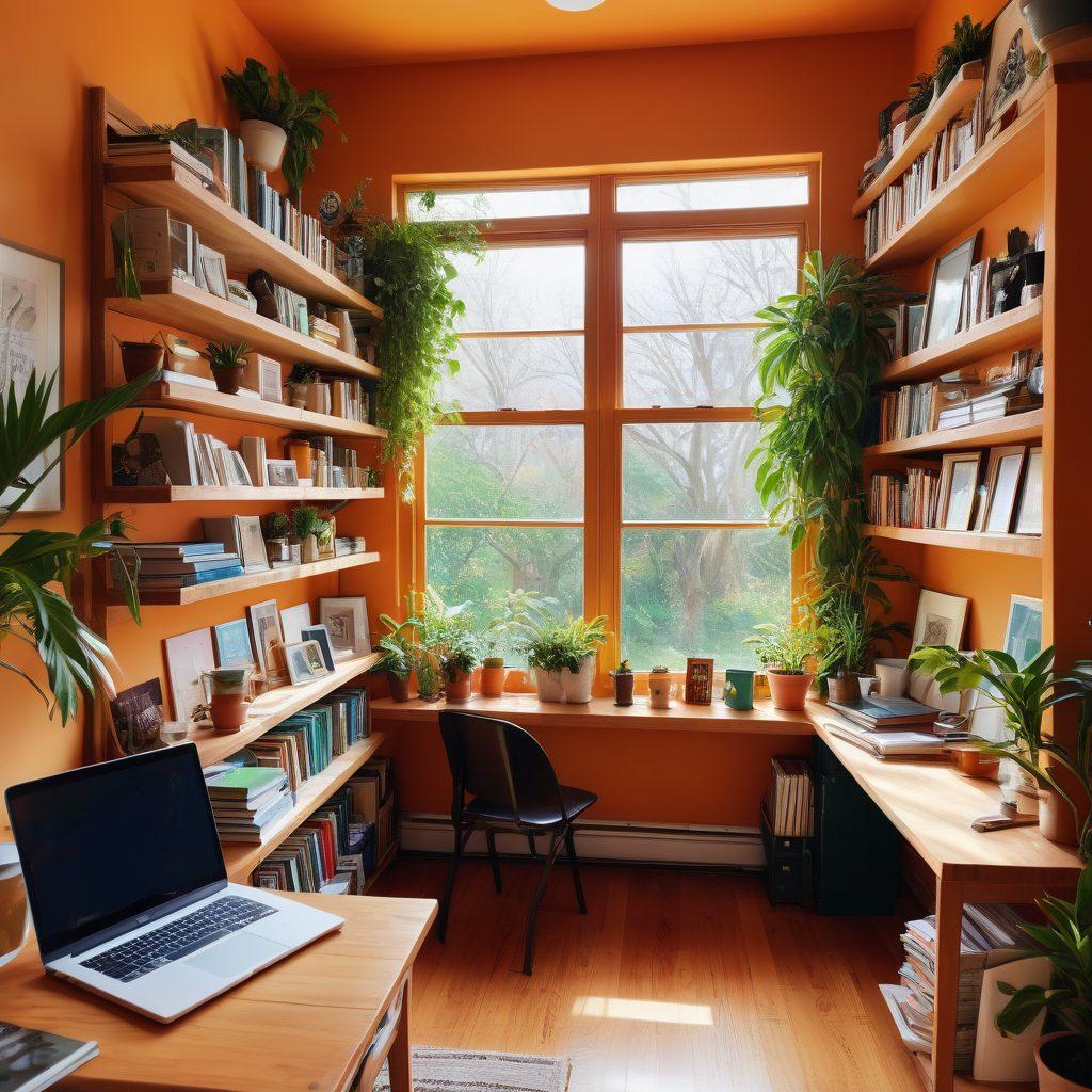 A cozy, inviting workspace filled with diverse writers passionately typing on laptops, surrounded by books and coffee mugs. Soft natural light streaming through large windows, with vibrant plants adding life to the scene. The walls adorned with inspiring quotes and artwork, creating an atmosphere of creativity and community. super-realistic. warm colors. soft focus.