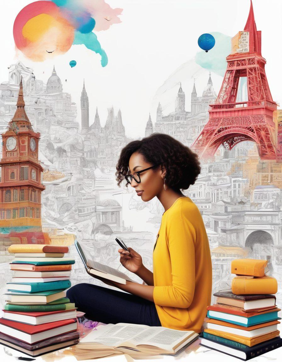 A vibrant collage showcasing a diverse group of writers engaged in creative activities, surrounded by digital devices and colorful books. In the background, iconic landmarks representing various cultures symbolize global connectivity in the blogging community. Bright, inviting colors enhance the sense of creativity and inspiration. Whimsical typography of the blog title weaves through the scene, adding a playful touch. digital art. vibrant colors. white background.