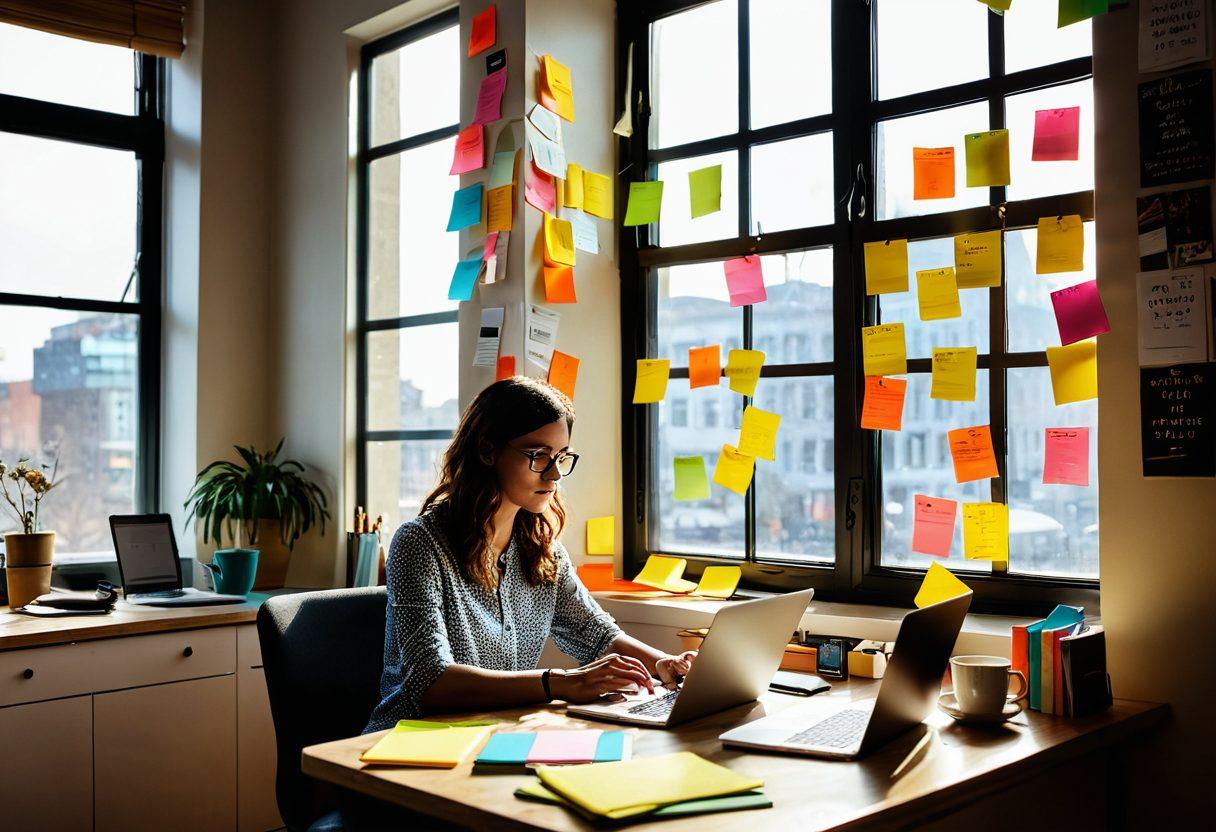 A person sitting at a modern desk, juggling between a laptop showing a personal blog and a stack of professional articles, surrounded by colorful sticky notes and a coffee cup. In the background, shelves filled with books on writing and digital publishing. A large window with sunlight illuminating the scene, creating a cozy yet inspiring atmosphere. vibrant colors. super-realistic.